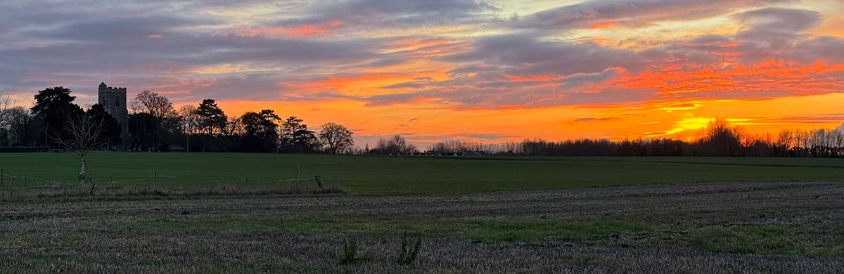 Sunset with Whaddon Church looking west--January 2026